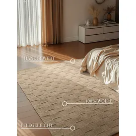Villeroy & Boch Wollteppich VILLEROY & BOCH "Scala", braun, B:200cm H:10mm L:300cm, Wolle, Teppiche, Handgewebt, Wolle, Kariert, Natur, 3D-Struktur, Karo, Wohnzimmer