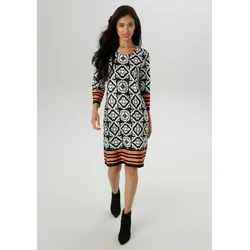Jerseykleid ANISTON SELECTED, Damen, Gr. 42, N-Gr, orange (schwarz, wollweiß, terra), Jersey, Obermaterial: 85% Viskose, 10% Polyester, 5% Elasthan, bedruckt, gemustert, figurumspielend kniefrei, Rundhals, Kleider Jerseykleid, mit ansprechender Ornamentmusterung