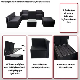 MCW Poly-Rattan-Garnitur MCW-D21, Balkon-/Garten-/Lounge-Set Sofa Sitzgruppe, Box Staufach anthrazit, Kissen dunkelgrau