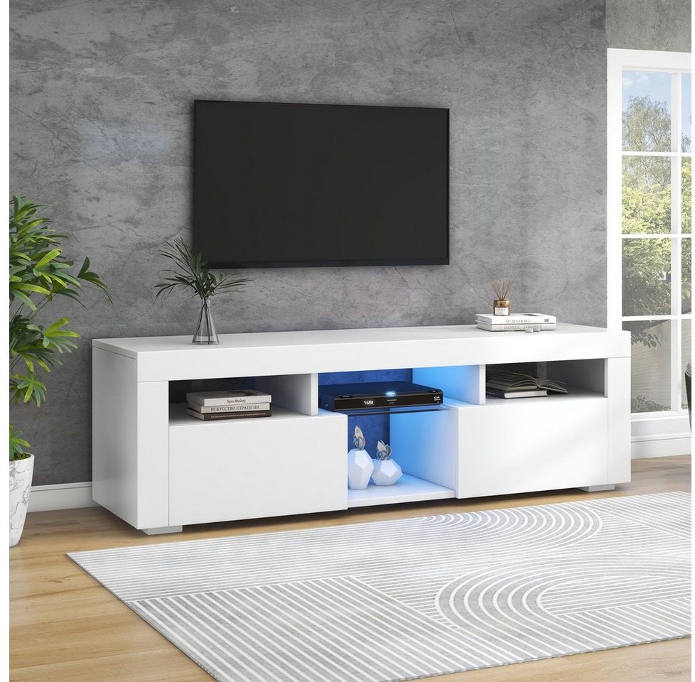 REDOM TV-Schrank Lowboard hochglanz (Breit: 140 cm) TV-Panel, mit LED-Beleuchtung, TV board weiß