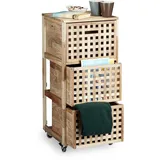 Relaxdays Rollcontainer Holz, 3 Fächer, HxBxT:91,5x40,4x40,4cm, Utensilienwagen Rollregal natur