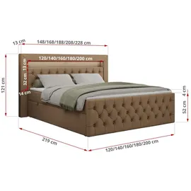 MKS Meble Boxspringbett 140x200 mit Led, Polsterbett 140x200 mit LED Kopfteil - Multipocket-Matratze H4 - Doppelbett mit Bettkasten Stauraumbet - GOLD-9 - 14... - Braun