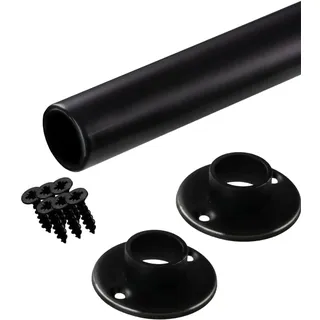 Gedotec Kleiderstange Wandmontage rund | 1 Set Garderobenstange mit 2 Stk Schrankrohrlager Schwarz matt | POLE | Möbelrohr Stahl 1500 mm Länge Ø 25mm - 60 kg Tragkraft | Kleiderstange Wand