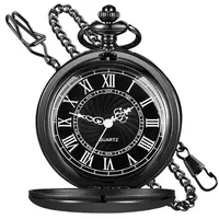 Tiong Klassische Glatte Stahl-Quarz-Taschenuhr mit Kette, römische Ziffern, für Herren und Damen, Taschenuhr Geschenk