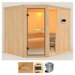 Sauna KARIBU "Frigga 3", beige (naturbelassen), Saunaofen, externe Steuerung, 9 kW, Saunen, 9-kW-Ofen mit externer Steuerung
