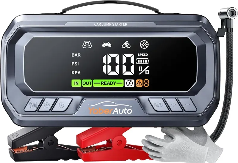 YaberAuto YA90 Starthilfespeicher mit Kompressor, 160 psi, 6500 A externe Batterie, 6500 A PD-Eingang/-Ausgang, für Autos mit 3,3-Zoll-LCD-Display, Notlicht 600 Lumen, Starthilfefunktion