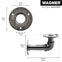 WAGNER Regalbefestigung INDUSTRIAL PIPE - Ø 30 x 70 x 120 mm, 3 Anschraubplatten Ø 75 mm, Stahl schwarz - 12500001