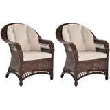 Krines Home Relaxsessel 2er Set Bequemer Wintergarten Rattan Sessel EWA Lesesessel Wohnzimmer (2-St., 2 Stück Sessel), Rattansessel aus Naturmaterial braun