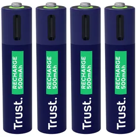 Trust USB-C Wiederaufladbare Batterien AAA 4 Stück, Akku AAA mit USB-C Anschluss, kein Akkuladegerät Erforderlich, 500 mAh Wiederaufladbar über Ladegerät, USB Kabel Enthalten, 4er-Pack