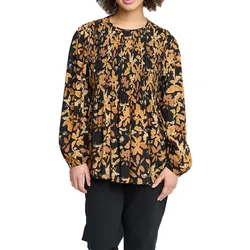 aprico Damen Bluse modische Sommer-Bluse mit Allover-Muster Langarm-Shirt 76048806 Braun/Schwarz - XS