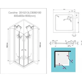 BuyLando.Shop Caroline 80x80x180 cm Eck Duschkabine inkl. Duschtasse / Siphon -