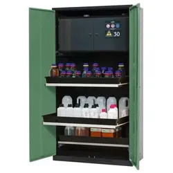 asecos Chemikalienschrank Systema-Plus-T, anthrazit, grün, mit Sicherheitsbox, Tablarauszüge