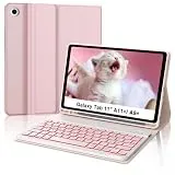 Tiiomioon Tastatur Hülle für Samsung Galaxy Tab A11 Plus/ A9 Plus, Abnehmbare Tastatur für Galaxy A11+ 2025/ A9+ 2023 11 Zoll mit 7-Farben-Beleuchtung Schlitzhülle mit Stifthalter, Rosa