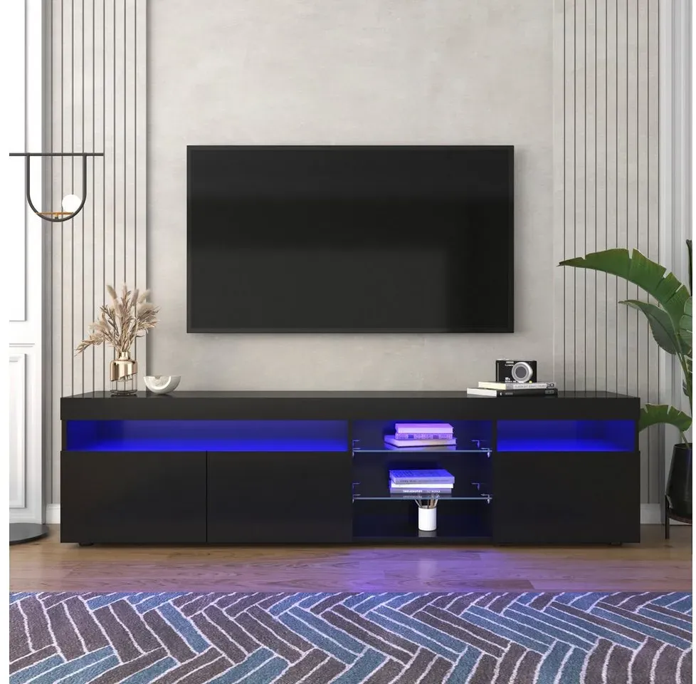 OKWISH TV-Schrank TV-Lowboard (Fernsehschrank TV-Tisch, Variable LED-Beleuchtung) mit LED-Beleuchtung (3 Schranktüren schwarz