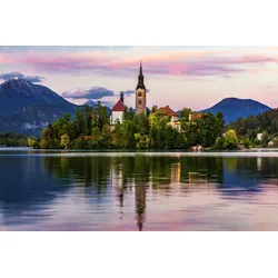 Fototapete PAPERMOON "BASILIKA SANTA MARIA-SEE GEBIRGE SLOWENIEN INSEL BERGE", bunt, B:3,50m L:2,60m, Vlies, Tapeten