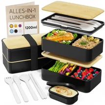 Umami Lunchbox Erwachsene, Auslaufsichere Bento Box mit Fächern und 4 Bestecke, Brotdose Erwachsene, Salatbehälter To-Go, Lunch Box für Picknick/Büro, Schwarz & Beige, 1200 ml