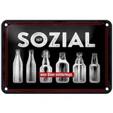 Femer GmbH Metallschild Spruch 12x18 cm Sozial ist wer Bier mitbringt schwarzes, (1 St), gewölbte Oberfläche, abgerundete Ecken, umgeschlagene Kanten