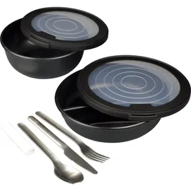 Camping Ess-Set 2 Plastikschüsseln mit Deckel/Metall-Bestecksatz