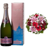 Pommery Brut Rosé Champagner mit Geschenkverpackung (1 x 0.75 l) + Blumenstrauß Charlotte mit rosa Lilien