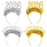 BOOMTOP 4 Silvester Haarreif 2026 Happy New Year Haarreifen Silvester Deko 2026 Glitzer Stirnband Neujahr Haarbänder mit Lametta Gold Silber Kopfschmuck Weihnachten Neujahrdeko Fotorequisiten
