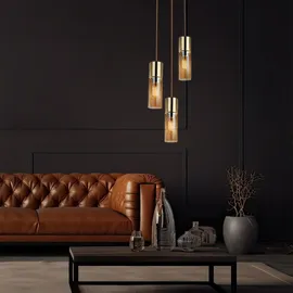 GLOBO Pendelleuchte 3 flammig Decken Hängelampe Metall Glas Pendellampe Hängeleuchte, 3x E27, Metall Messing Glas amberfarben, 30x150cm, Wohnzimmer Schlafzimmer