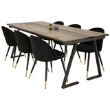 ebuy24 Jakarta Essgruppe Esstisch Teak und 6 Velvet Esszimmerstühle Velour schwarz, Messing dekor.