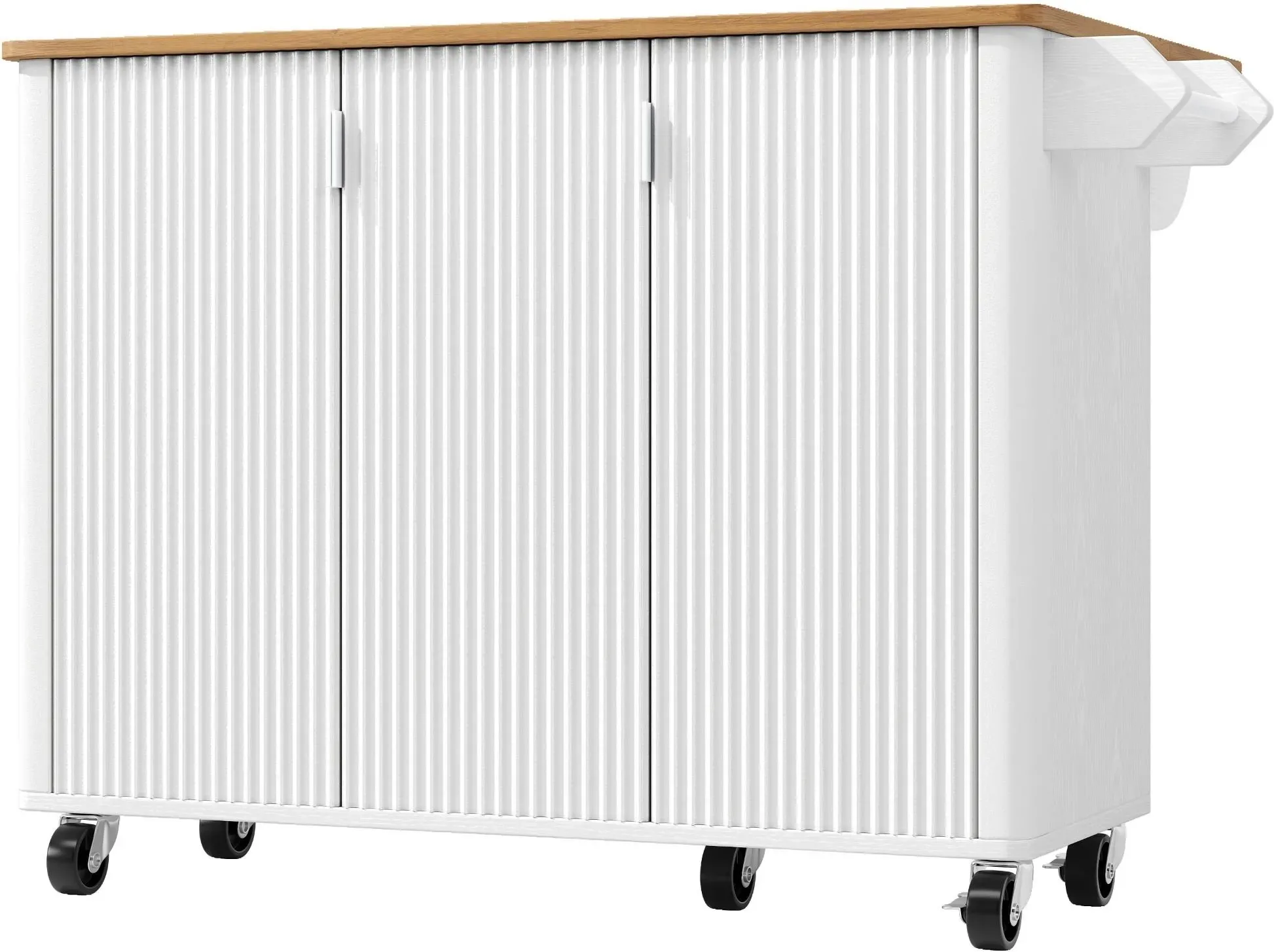 Mobile Kücheninsel mit faltbarer Arbeitsplatte, 3 Türen, Handtuchhalter und Gewürzregal, 130x45/75x92 cm, Weiß