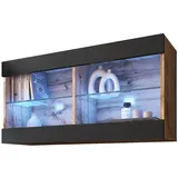 komodee Komodee, Hängende Vitrine Schrank Tivoli, Schwarz/Wotan, Breite 100cm x Höhe 50cm x Tiefe 29cm, LED Blau, 2 Regalböden, für Wohnzimmer, Wohnwände, Vitrinenschränke