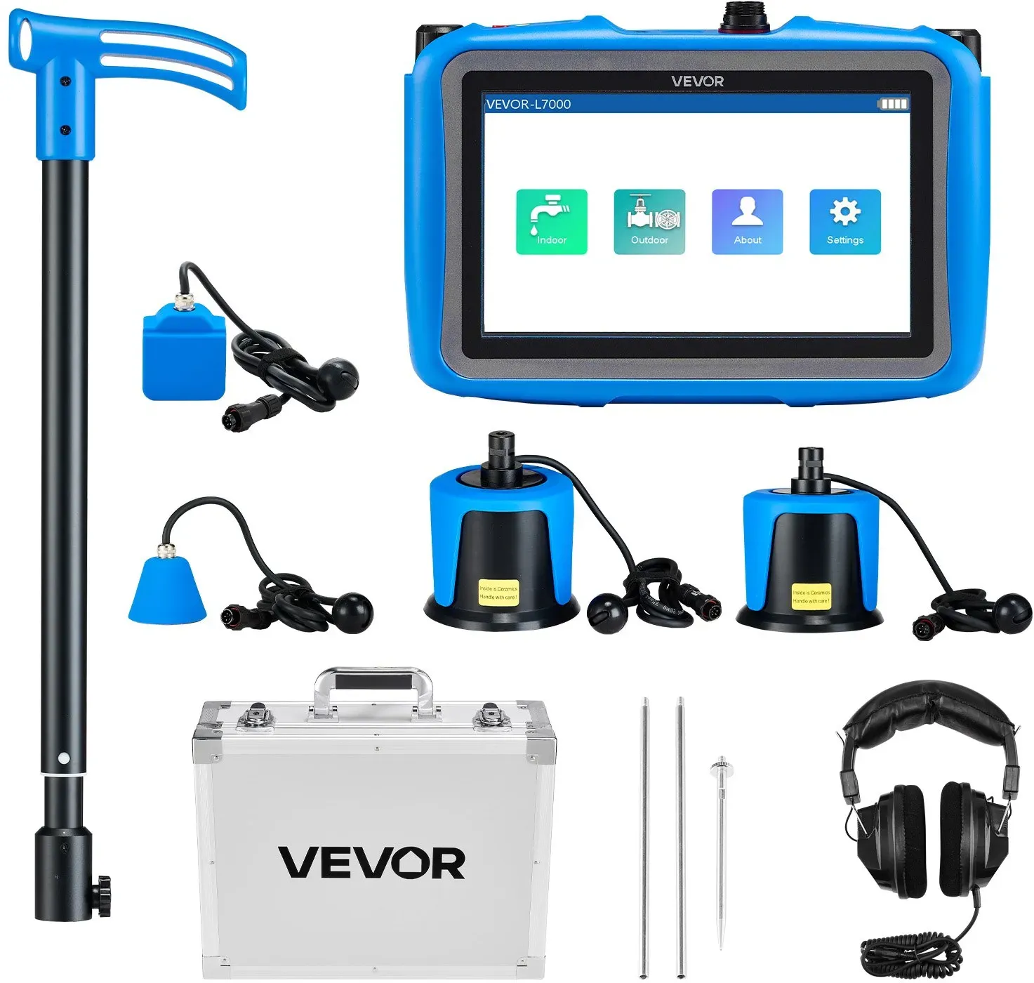VEVOR Rohr-Wasserleckdetektor mit 4 Sensoren, 1 Hz–10000 Hz, 7-Zoll-Touchscreen, Ortungsgerät für unterirdische Rohrleitungen mit 3 Abhörstäben, Kopfhörer, 8-GB-Karte & Tragetasche
