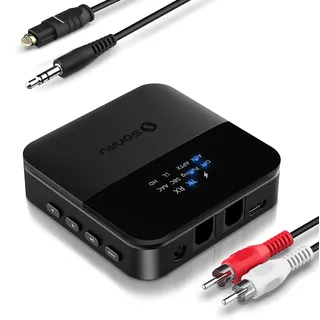 SONRU Bluetooth Transmitter Empfänger für TV HiFi, Bluetooth Audio Adapter, AptX HD Low Latency Bluetooth Sender für 2 Kopfhörer Lautsprecher Stereoanlage, TOSLINK/RCA/AUX/Optisch Schwarz