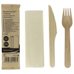 MONOUSO - Holzbesteck mit Wachsschicht Gabel, Messer und Serviette (250 Stück)