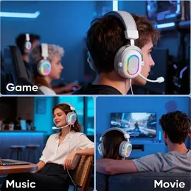 Fifine Gaming Headset mit Mikrofon Over Ear Kopfhörer mit Kabel, USB Headset, Weiß - Weiß