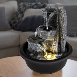 GLOBO Zimmerbrunnen Tischbrunnen mit Wasserfall LED Springbrunnen Deko Beleuchtung, Kunststoff schwarz grau, 3000K warmweiß, d 16 cm
