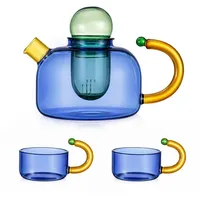 Youyijia Teekanne Teekannen Glas Teekanne Set mit 2 Tassen und herausnehmbarem Teesieb blau|weiß