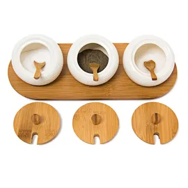 Relaxdays Gewürzhalter Jiao, Keramik/bambus, Hxbxt:8,5x30,5x12cm, Gewürzdosen mit Deckel Halter, natur