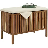 Relaxdays Wäschetruhe mit Sitz, Badbank mit Stauraum, 80 l Wäschesammler, HBT 56x78x39cm, Akazienholz, Stoff, braun/weiß