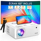 Mini Beamer mit Stativ, VISSPL 12000 Lux Beamer Klein unterstützt Full HD 1080P, 50% Zoom, ±15° Trapezkorrektur, Handy Beamer Kompatibel mit HDMI, USB, AV, iOS, Android, PC, TV-Stick