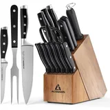 Acoqoos Messerblock Set, 17 teilig Messerset mit Holzblock, Messerblock mit Messer, Edelstahl mit Hohem Kohlenstoffgehalt, Braun