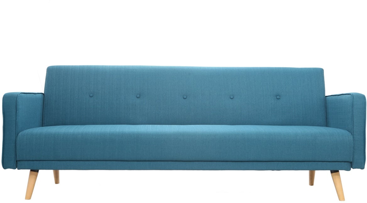 Canapé convertible scandinave 3 places en tissu bleu et bois clair ULLA