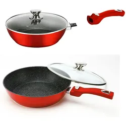 Cheffinger WOK Pfanne 30cm Induktion Aluguss mit Deckel Antihaft Bratpfanne abnehmbarer Griff Marmorbeschichtung Gastronomie Home Wokpfanne Rot