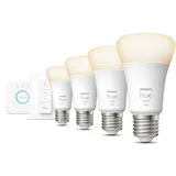 Philips Hue Starterpaket - E27 - mit 4 Standard Lampen - Warmweißes Licht - inkl. 1 Hue Bridge, 1 Hue Dimmschalter - Hue White