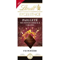 Lindt EXCELLENCE Pailleté Gebäckstückchen & Caramel - Feinherbe Schokolade | 100g Tafel | Mit knusprigen Gebäckstückchen und Cramel | Intensiver Kakao-Geschmack | Dunkle Schokolade