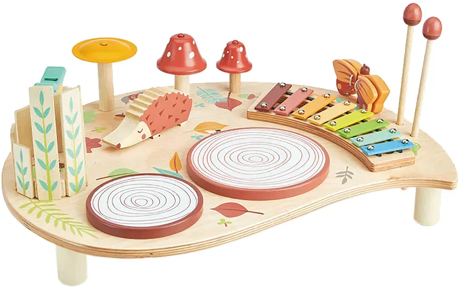 Musiktisch aus Holz mit 7 Instrumenten für Kinder mehrfarbig FSC-Gummibaumholz - Tender Leaf - ab 3 Jahren, abgerundete Kanten