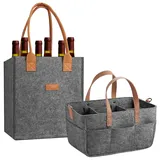 Filztasche 2er Set, Einkaufstasche und Flaschentasche Groß, Filz Einkaufskorb mit Fächern, Flaschenträger 6 Flaschen für Wein und Getränke, Dunkelgrau