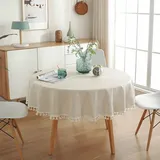 Runde Tischdecke 120 Cm, Leinen-baumwolle, Waschbar, Fleckenabweisend, Mit Quasten, Dekoration Für Geburtstag, Hochzeit, Esszimmer, Couchtisch - Kzq