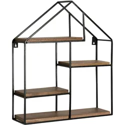 KADIMA DESIGN Wandregal 50x60x14 cm Mango Massivholz / Metall Hängeregal in Haus-Form, Kleines Design Schweberegal Industrial, Regal Hängend Wohnzimmer,
