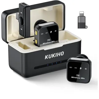 KUKIHO Kabelloses Lavalier Mikrofon mit Ladekoffer, 80h Akkulaufzeit, Rauschunterdrückung, 50m Reichweite, Plug-Play Ansteckmikrofon für iPhone/iPad/Android/PC, YouTube, Vlog, Live-Streaming