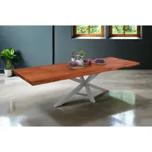 Sam Esstisch Baumkante Akazie nuss 140 (220) x 90 cm Spider-Gestell silber mit Ansteckplatten CALI