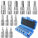 XNJIHWA 13-tlg Sechskant Steckschlüsselsatz Innensechskant Stecknüsse Set 2mm-14mm Hex Bit Socket Set 1/2 3/8 1/4 Zoll für Schlagschrauber,Drehmomentschlüssel