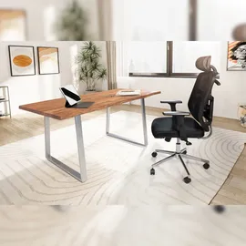 KADIMA DESIGN Schreibtisch 140x80x76 cm Massivholz / Metall Computertisch Baumkante, Homeoffice Bürotisch Massiv mit Trapezbeinen in Chrom, Holztisch